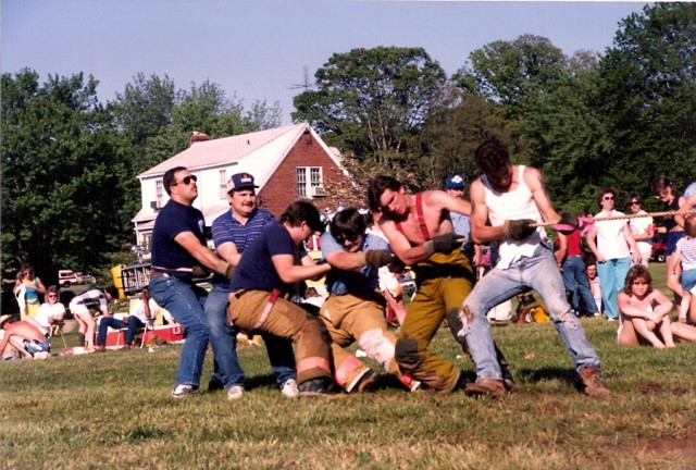 SMVFA convention in the 80's - tug of war team - from L to R: Jeff Bixby, Rick Corcoran, Mike Stanley, Jason Adams, Dennis Wolcott, Pete Moravek winning their first round...