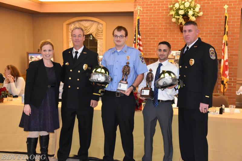 Mrs. Bell from St. Mary's County Department of Recruitment and Retention with outgoing Chief Joe Gould and incoming Chief Wahrenbrock present Rookie of the year to Cody Layman and Mike Malpass. Both received a new yorker helmet and bronze statue. Very Impressive.